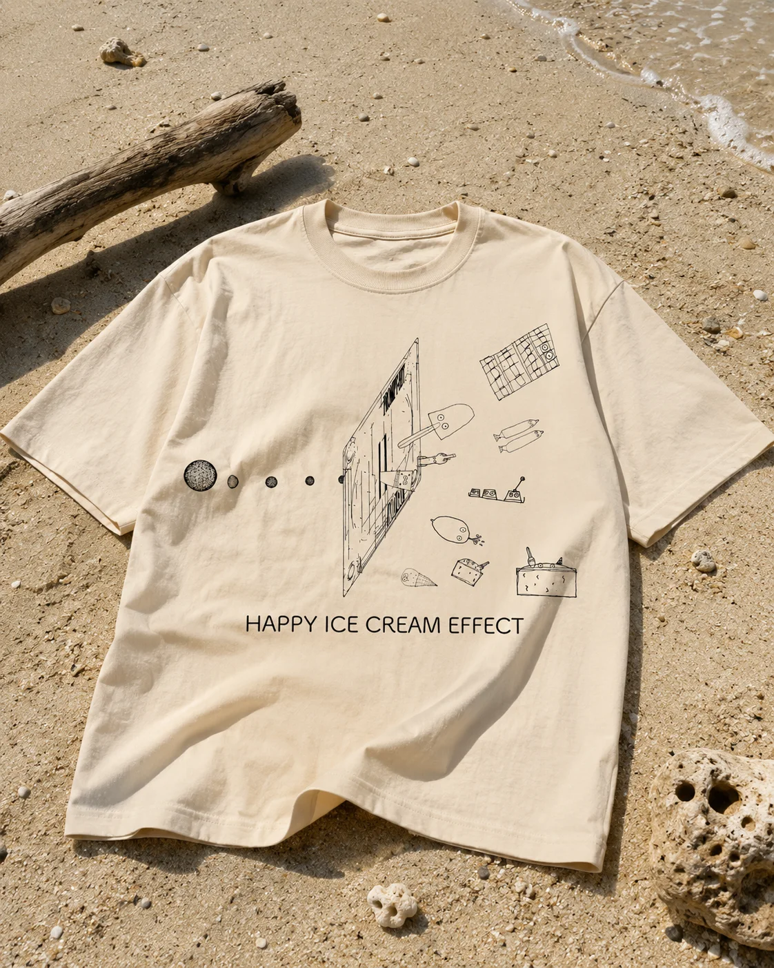 砂浜に置かれたHAPPY ICE CREAM EFFECT Tシャツ