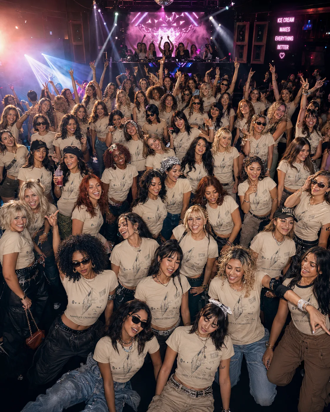 Fifty girls in a club wearing HAPPY ICE CREAM EFFECT T-shirts